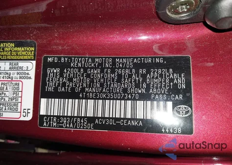 2005 Toyota Camry Le из США, поврежденный, VIN 4T1BE30K35U073470